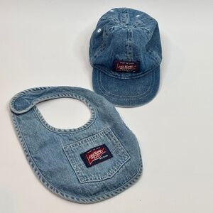 Vintage 90s Old Navy Denim Hat Bib Set 6-12M Blue Jean USA Classic Retro Baby